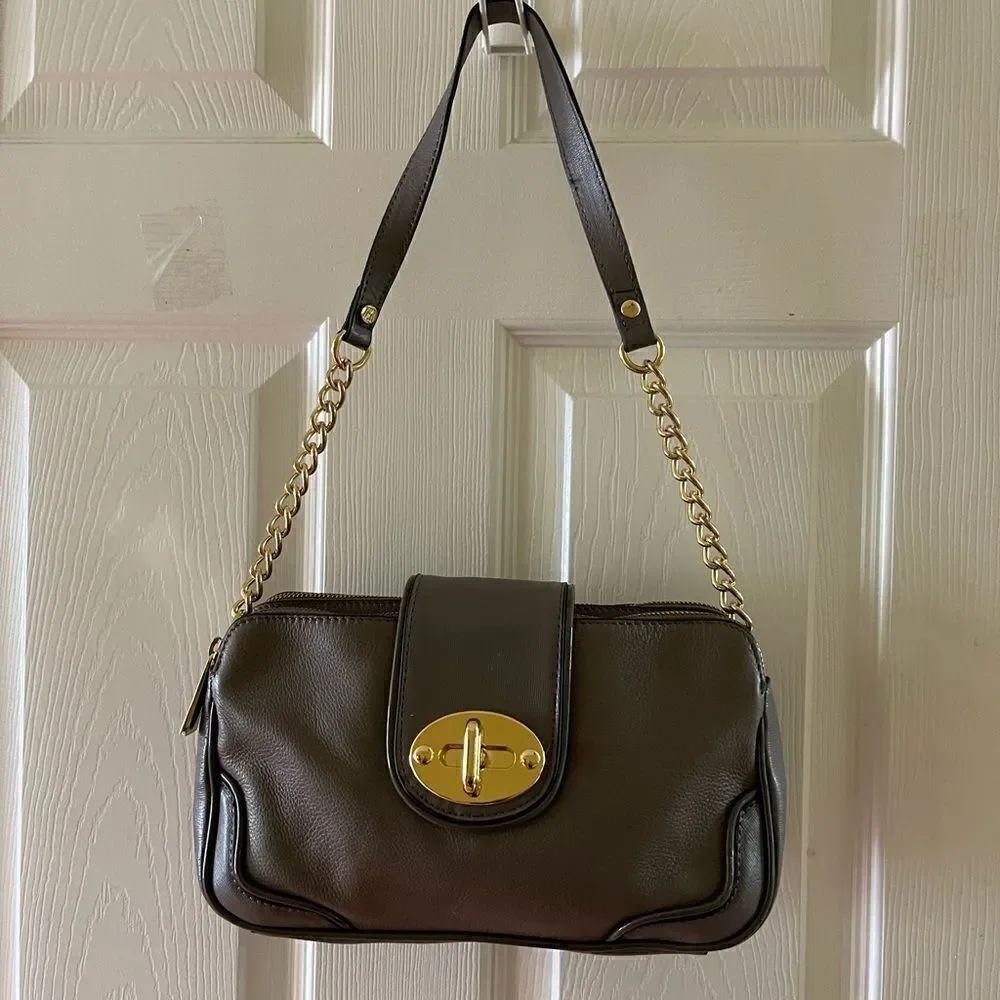 Antonio Melani Leather gray  Double Zip Shoulder Handbag, gold tone hardwares.